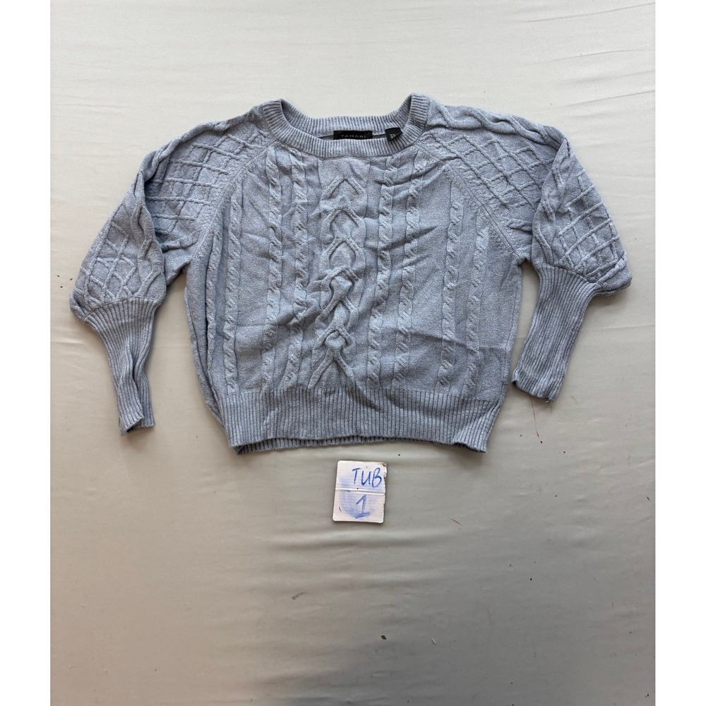 Tahari Womens XL Light Blue Gray Cable Knit Shimmer Balloon Sleeve Sweater